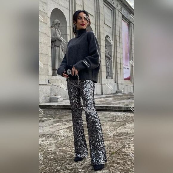 NWT ZARA FLARED SEQUIN LEGGINGS - Picture 7 of 15